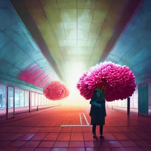 Image similar to giant carnation flower head, woman in metro station, surreal photography, dramatic light, impressionist painting, digital painting, artstation, simon stalenhag