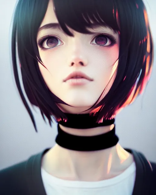 Image similar to full very close up neck shot of a beautiful skinny choir girl, in tshirt and choker, by saruei and guweiz and ilya kuvshinov, digital art, highly detailed, intricate, sharp focus, trending on artstation hq, deviantart, pinterest, unreal engine 5, 4 k uhd image