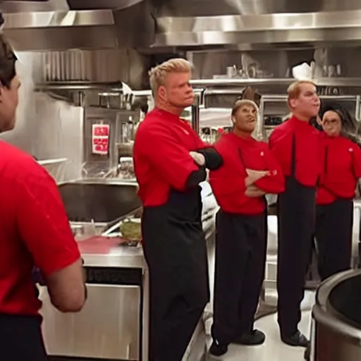 Image similar to gordon ramsay yelling at kfc employees on kitchen nightmares. the employees are lined up and in their kfc uniforms.