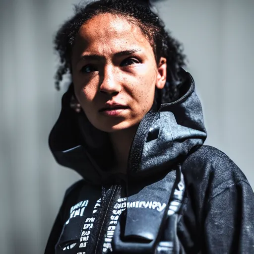 Image similar to photographic portrait of a poor techwear mixed woman, closeup, sigma 85mm f/1.4, 4k, depth of field, high resolution, 4k, 8k, hd, full color