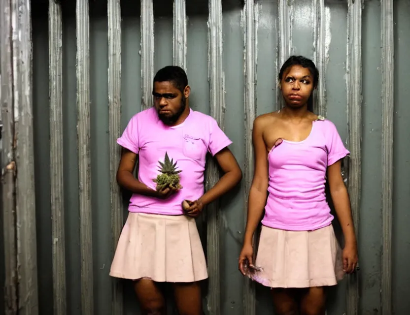 Image similar to a man in a short pink skirt, holds cannabis in hand, in jail, dirty room, bars on the windows