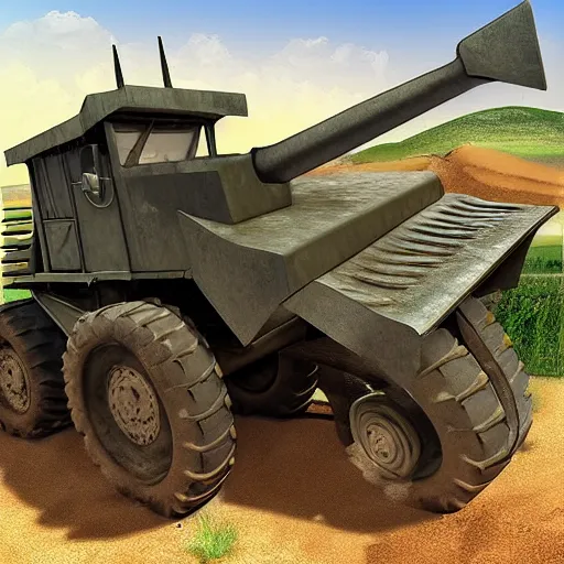 Image similar to armored! battle tractor! with plow! and weapons!, realistic, detailed, military