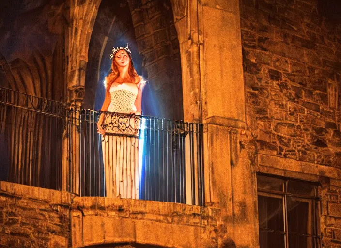 Prompt: a beautiful queen stands on a balcony overlooking a fantasy medieval gothic city at night, glow rays, 3 5 mm photography