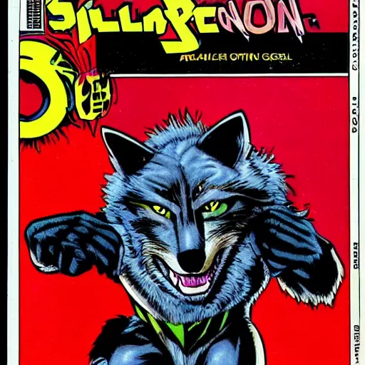 Image similar to 1 9 8 0 s comic book cover scan featuring a portrait of villain male wolf o'donnell anthropomorphic wolf furry fursona from starfox wearing a dark space mercenary uniform, dark grey wolf, handsome eyes, wolf o'donnell