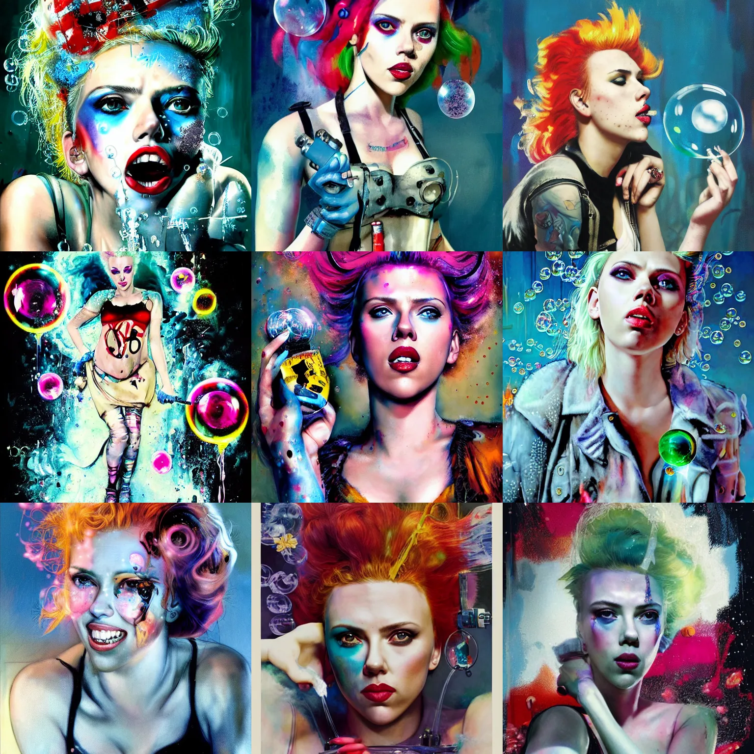 Prompt: scarlett johansson as delirium from sandman, hallucinating soap bubbles, by jeremy mann and jamie hewlett and sandra chevrier and jean giraud and richard avedon, punk rock, tank girl, high detailed, 8 k