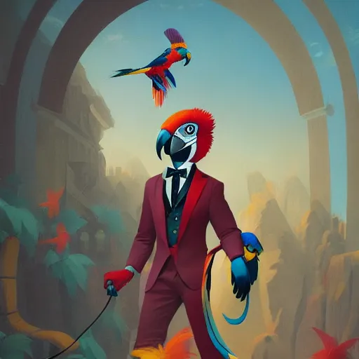 Image similar to anthropomorphic fashion vogue Macaw parrot man man wearing a parrot costume wearing a tuxedo ripped physique christopher lovell gerald brom bastien grivet greg rutkowski portrait