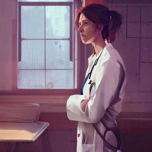 Prompt: a female doctor in scrubs, looking tired, in the middle of lots of sick people in beds, hospital hall, by greg rutkowski, trending on artstation