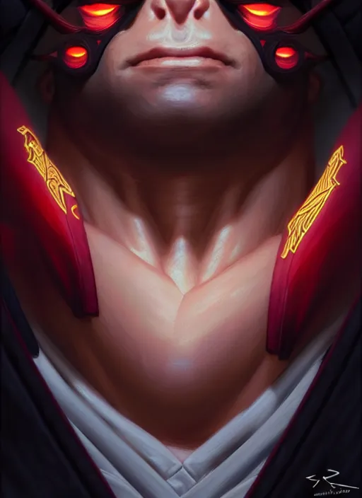 Image similar to symmetry!! portrait of evil ryu, street fighter iv, global illumination!! intricate, elegant, highly detailed, digital painting, artstation, concept art, smooth, sharp focus, illustration, art by artgerm and greg rutkowski and alphonse mucha