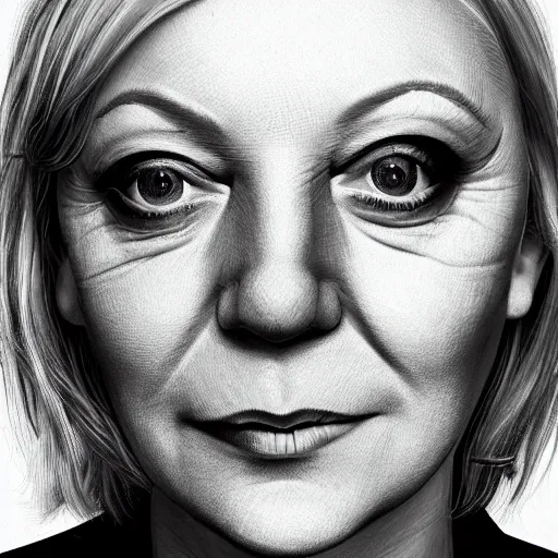 Image similar to A portrait of Liz Truss as a reptilian, snake eyes, slit pupils, scales, Liz Truss, human-animal hybrid, hyperrealistic, photorealistic, trending on artstation, f 1.8