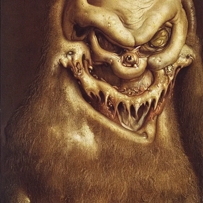 Image similar to close up portrait of a mutant monster creature with cheeks covered in purulent pustules, pimples at different stages, some fresh, some bursting with a whitish fluid ; pleasant, flirty eyes ; teeth lining up the exterior of the mandible, long hair growing out of the nostrils. jan van eyck, audubon
