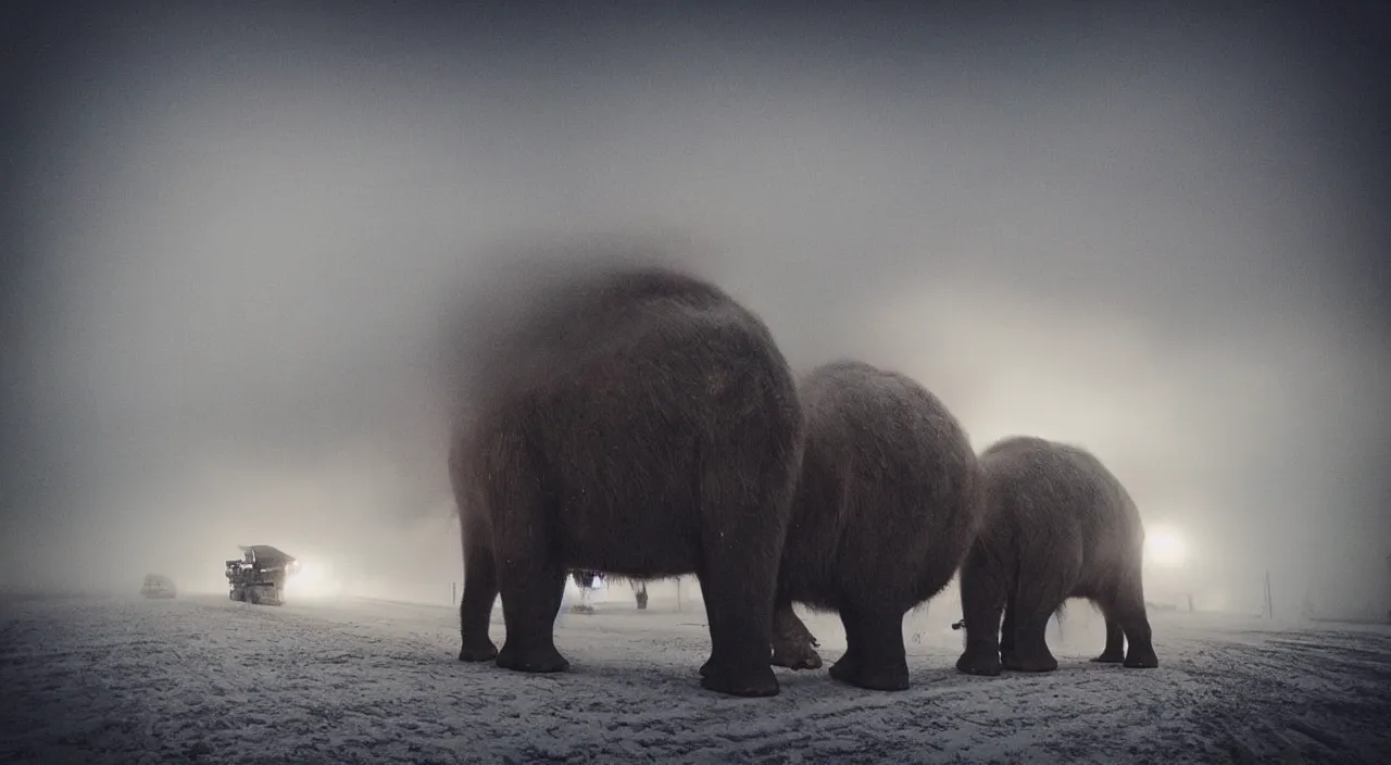 Prompt: “photo color of one biomechanical/mechanical steampunk giant hairy elephant/wagon/mamouth in an arctic storm with fog and blizzard, the mammoth drags old gigantic coal wagons with snow, it's a sunset photo with cold tones, some people around ”