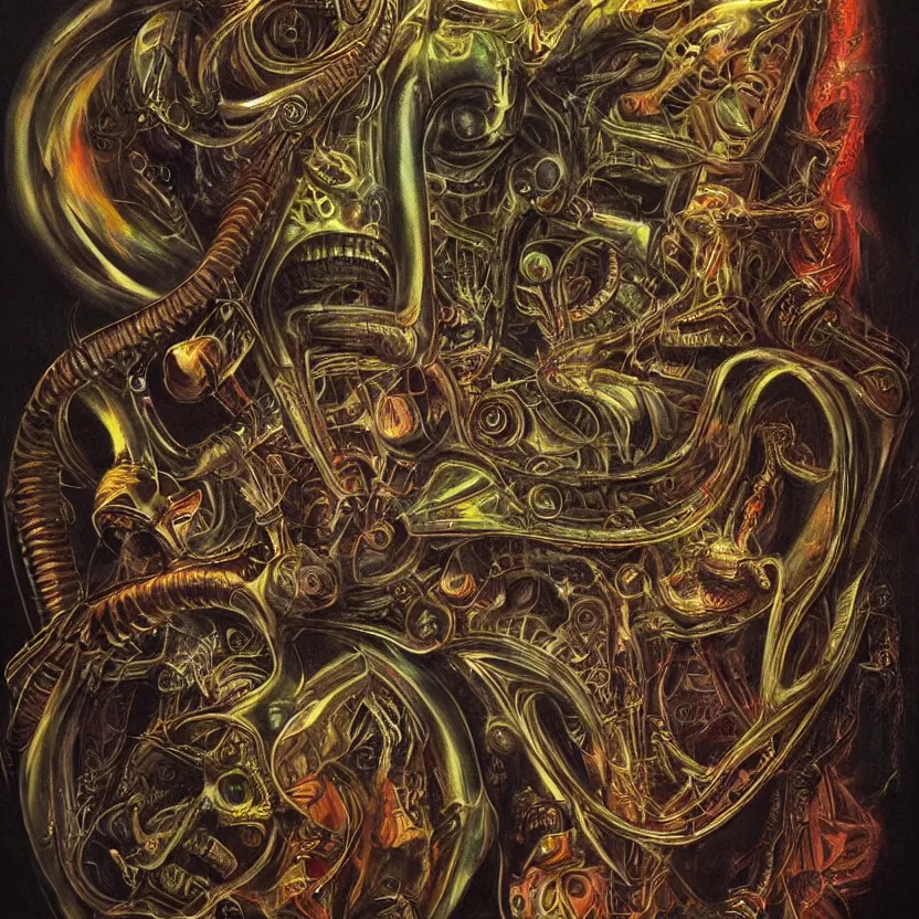 Prompt: perfectly biomechanical kali yantra, volumetric shadows and lighting, psychedelic colors, realistic oil painting by h. r. giger,