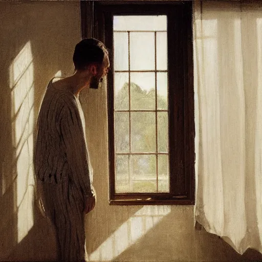 Image similar to person in pyjamas standing near window, sun rays, daylight, french door window, 2 4 mm, anamorph lenses, photorealistic, high ceiling, painting by thomas eakins