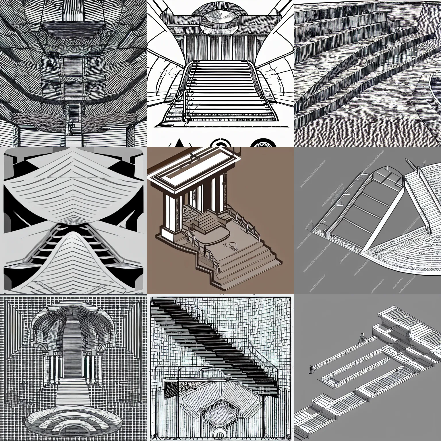 Image similar to a stephen biesty isometric cross - section through stairs of simplified!! smooth grey shaded ancient amphitheater, line drawing logo in the style of pavlov visuals, precise!! vector trace, black and white, extra - wide shot, occlusion, white background