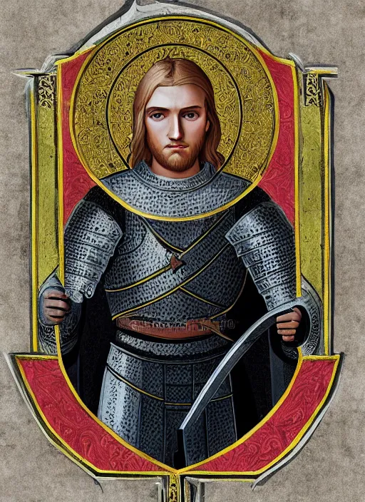 Image similar to medieval iconography of a handsome young knight with a beautiful face and clear skin, long blond hair, knight armor, no helmet, high resolution, clear image, digital art, studio photo, 4 k, clear lines, artstation