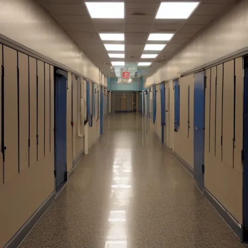 Prompt: middle school hallway at dawn closed