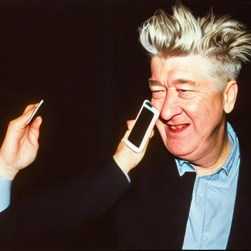 Image similar to David Lynch holding a phone laughing