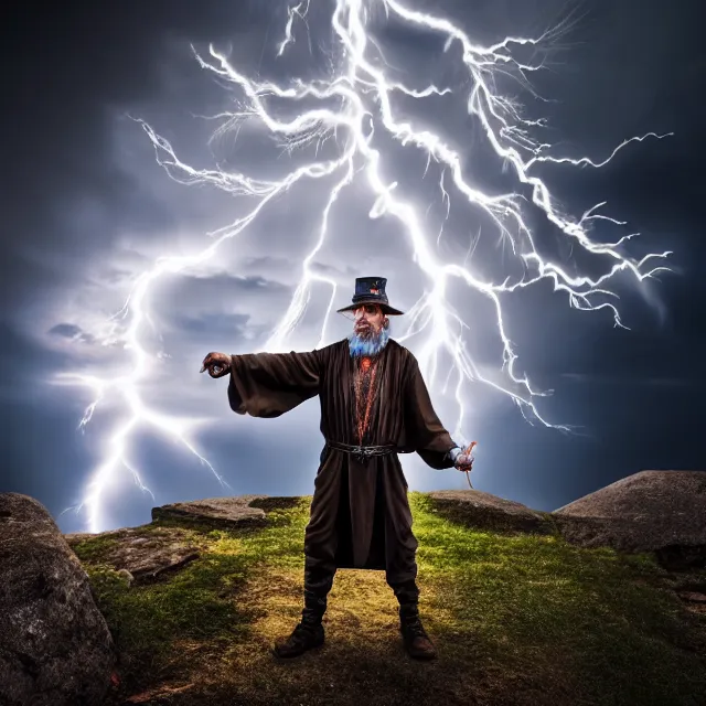 Prompt: photo of a sorcerer with lightning powers, highly detailed, 4 k, hdr, smooth, sharp focus, high resolution, award - winning photo