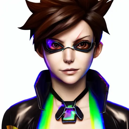 Image similar to portrait bust digital artwork of tracer overwatch, wearing black iridescent rainbow latex tank top, 4 k, expressive happy smug expression, makeup, in style of mark arian, angel wings, wearing detailed black leather collar, chains, black leather harness, detailed face and eyes,