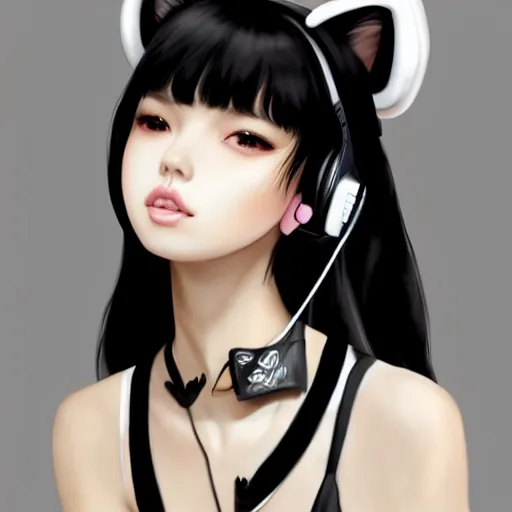 Image similar to realistic detailed semirealism beautiful gorgeous natural cute excited happy Blackpink Lalisa Manoban black hair black cat ears, wearing white camisole outfit, headphones, black leather choker artwork drawn full HD 4K high resolution quality artstyle professional artists WLOP, Aztodio, Taejune Kim, Guweiz, Pixiv, Instagram, Artstation