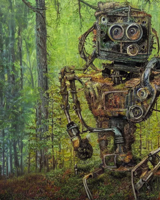 Prompt: detailed oil painting of a decayed, rusty, robot, covered in moss, in a forest, painted by Greg Rukowtski, sunlight