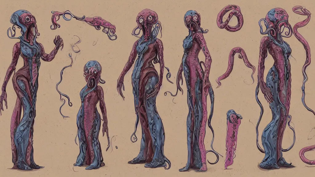 Prompt: aged paper, colorful character sheet for a stocky alien extraterrestrial female servant maid with thick snake - like tentacles instead of hair, long dress with apron, retrofuture, valerian, moebius, coherent, illustration, digital art, trending on artstation, hd, 8 k, good lighting, beautiful, rough paper, masterpiece