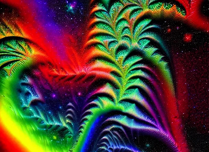 Prompt: fractal rainbow rivers, galactic nebula, highly detailed surrealist art