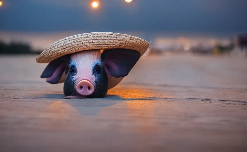 Image similar to a cute pig wearing a straw hat at blue hour, twilight, cool, award winning 4 k photo, twilight cool light