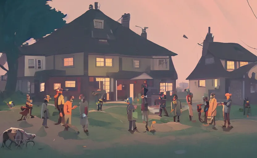 Prompt: a group of village farmers meet a local detective to outside his house, james gilleard, print, game art