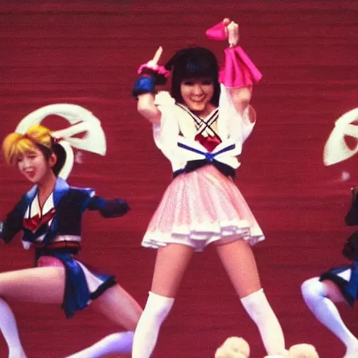 Image similar to publicity photo of 1 9 8 0 s beautiful japanese pop - idol chisato moritaka cosplaying as sailor moon, doing a heroic battle pose in the style of sailor moon, onstage at her concert in front of backup dancers.