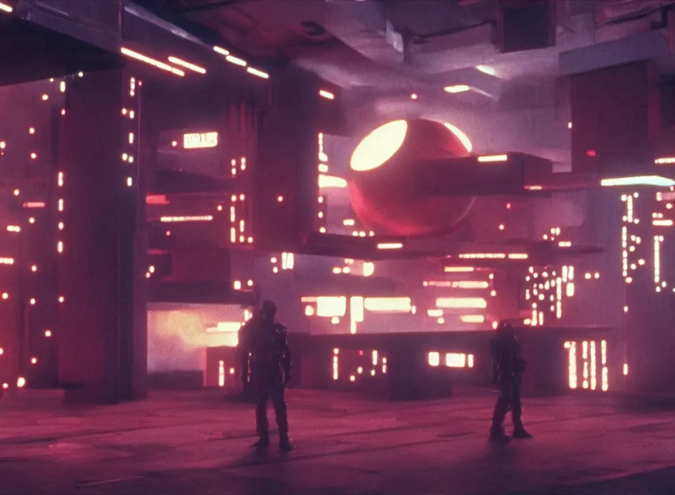 Image similar to cinematic shot from a 1 9 8 5 cyberpunk movie directed by stanley kubrick, color theory, leading lines, minimalism, photorealistic, volumetric lighting, f / 2 2