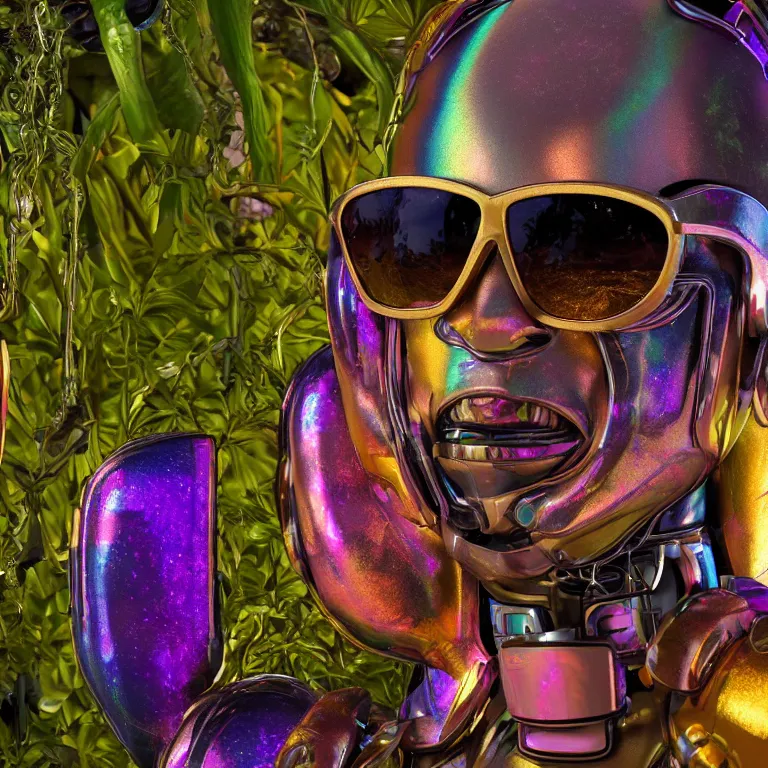 Prompt: octane render portrait by wayne barlow and carlo crivelli and glenn fabry, subject is a cybernetic android covered in tie - dye fabpric with a iridescent metallic sunglasses, surrounded by alien plants, cinema 4 d, ray traced lighting, very short depth of field, bokeh