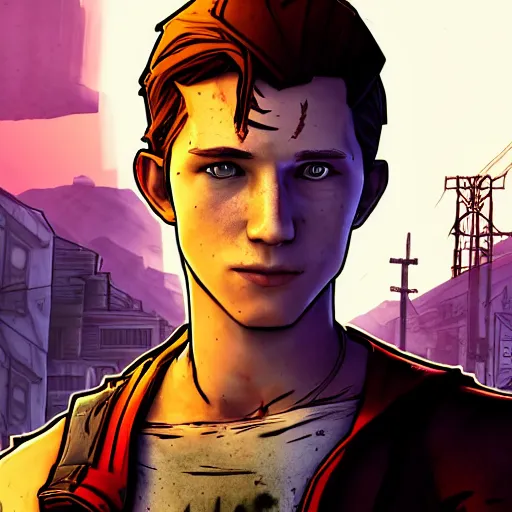 Image similar to tom holland portrait, borderlands, tales from the borderlands, the wolf among us, comic, cinematic lighting, studio quality, 8 k