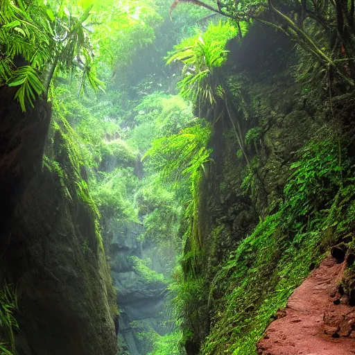 Image similar to a canyon in the middle of a tropical rain forest.