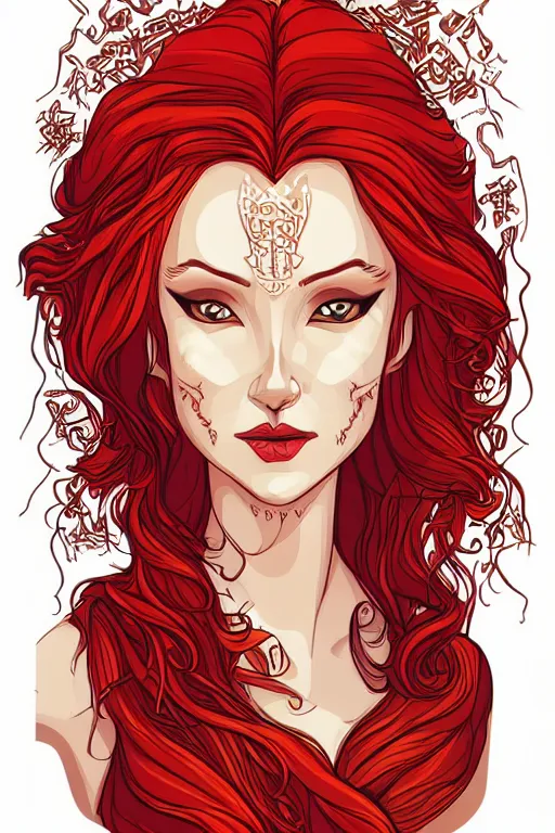 Image similar to red headed elven queen, art by ori toor, sticker, colorful, illustration, highly detailed, simple, smooth and clean vector curves, no jagged lines, vector art, smooth