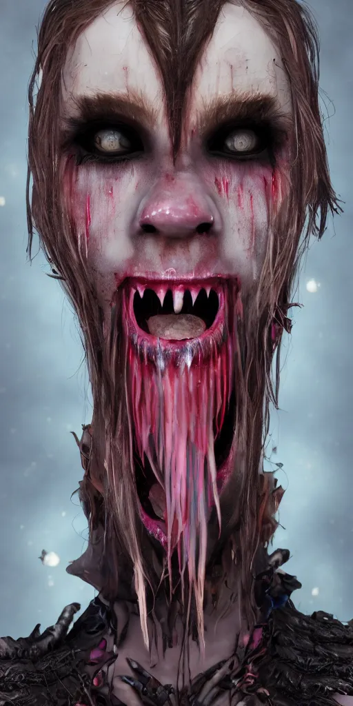 Image similar to impossibly beautiful vampire with large vampire fangs, full body, leather, intricate complexity, surreal horror, psychedelic glitch art, rainbow drip paint, trending on art station, photoreal, 8 k, octane render