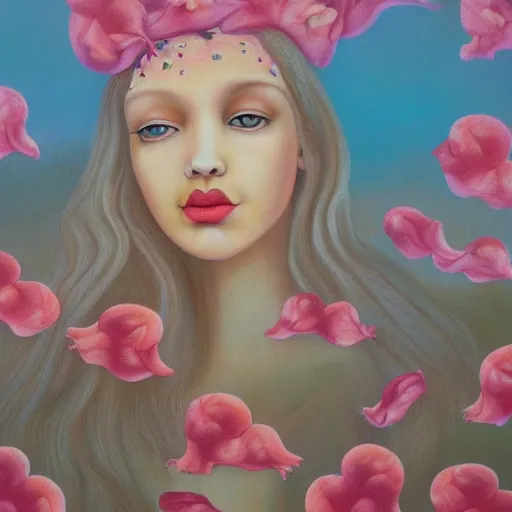 Image similar to pretty peach princess dream, oil and acrylic on canvas, surrealism, high detail