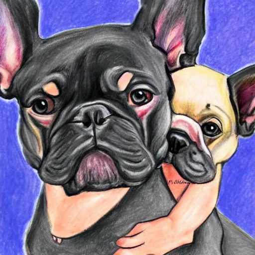 Prompt: two lovers and a black french bulldog, kid's drawing