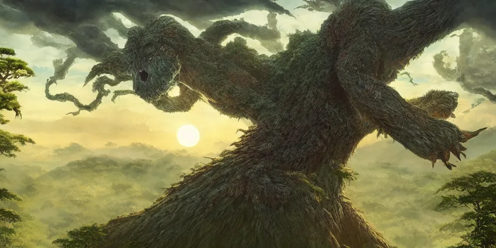 Image similar to giant monster, forest, tree tops, 4 k, artgerm, high detail, dramatic lighting, sunset, hayao miyazaki, masashi ando, nizou yamamoto, kazuo oga, joe hisaishi, yoji takeshige, naoya tanaka