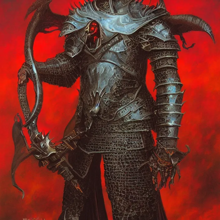 Prompt: portrait of a demonic warrior in armor, by michael whelan, fantasy art, oil on canvas