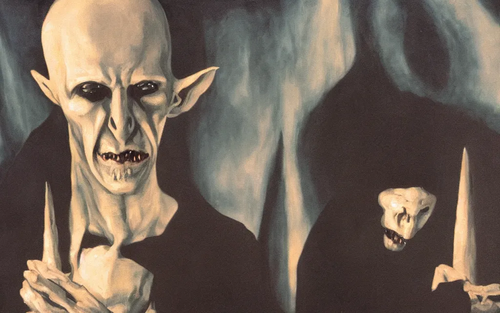 Prompt: movie still from nosferatu, award winning oil painting, iridescent color palette