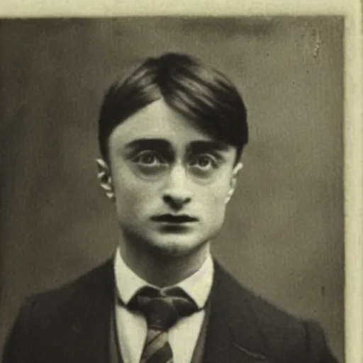 Prompt: photograph of daniel radcliffe, male, 1 9 0 0 s, 1 9 1 0 s, grainy, slightly blurry, faded, realistic face