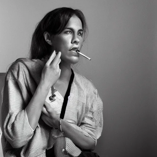Image similar to Live Action Still of Jerma985 in a film of a beautiful model woman smoking a cigarette by the window, black and white, hyperrealistic, ultra realistic, realistic, highly detailed, epic, HD quality, 8k resolution, body and headshot, film still