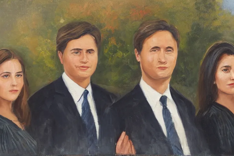 Prompt: official government portrait of a young, handsome prime minister and his two girlfriends, oil painting, 2 1 st century, official portrait, powerful, serious