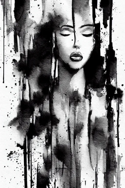 Prompt: the abstract painting of an image of a lady artistic flat illustration by by Patrick Guyton,creative art,soft colors mono chromatic, black color on white background, watercolor effect