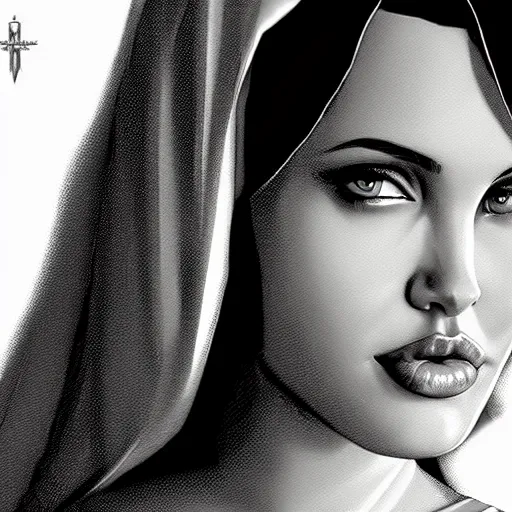 Prompt: young angelina jolie as virgin mary, marvel comics by artgerm,