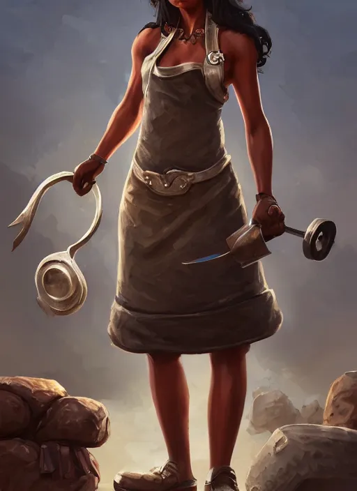 Prompt: a highly detailed illustration of naomi scott as fierce blacksmith woman wearing apron, muscular, dramatic smile pose, intricate, elegant, highly detailed, centered, digital painting, artstation, concept art, smooth, sharp focus, league of legends concept art, wlop.