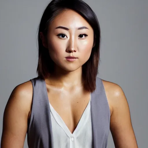 Image similar to portrait karen fukuhara bald neutral expression face straight on headshot even lighting