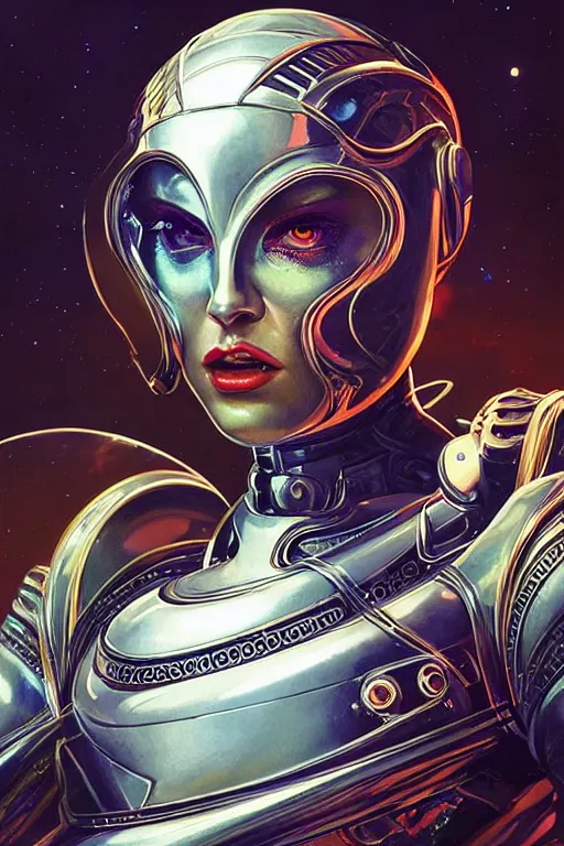 Image similar to retro-futuristic portrait of a beautiful female android wearing chrome armour, underwater, ornate background, ornate pattern, glowing eyes, evil expression, high details, intricate details, renaissance style, painting by vincent di fate, artgerm julie bell beeple, 80s, Smooth gradients, High contrast, depth of field, very coherent symmetrical artwork