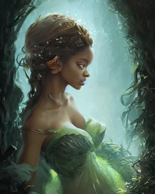 Image similar to princess tiana, hyper realistic face, beautiful eyes, fantasy art, in the style of greg rutkowski, intricate, hyper detailed, smooth